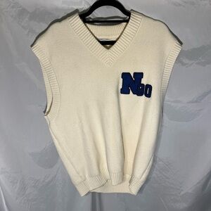 Zara Men's Sz L/XL Knit Sweater V-Neck Sleeveless Contrast Patch Appliqué White